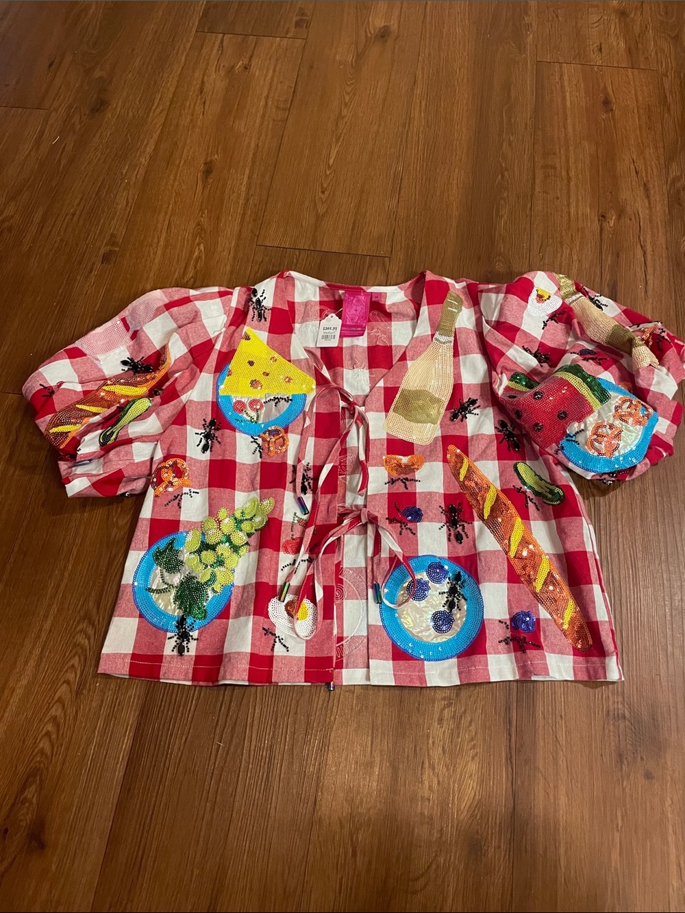 QUEEN OF SPARKLES Red & White Gingham Sequin Food Appliqué Tie-Front Top